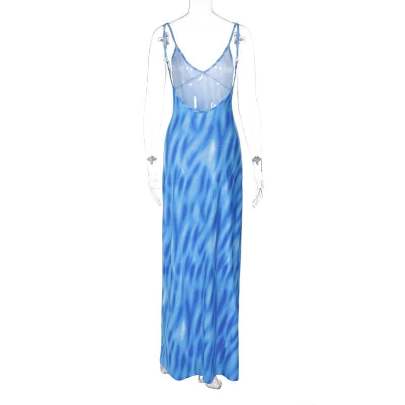 V Neck Spaghetti Strap Abstract Swirl Print Bodycon Maxi Dress