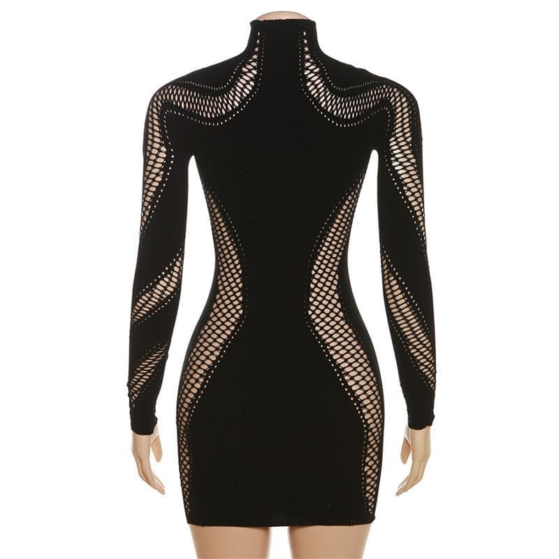 Mock Neck Long Sleeve Fishnet Mesh Panel Hollow Out Bodycon Mini Dress