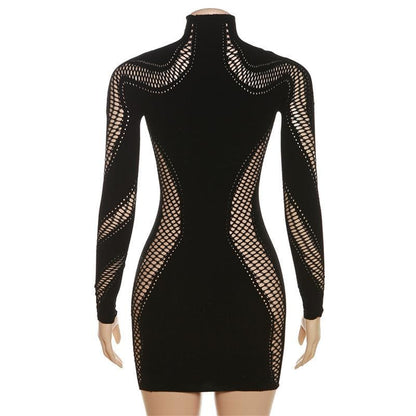 Mock Neck Long Sleeve Fishnet Mesh Panel Hollow Out Bodycon Mini Dress