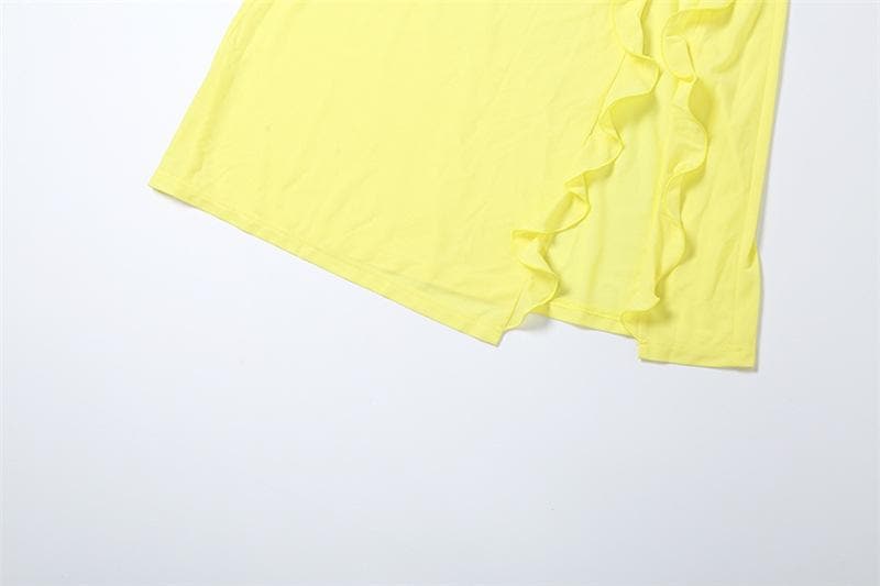 One shoulder ruffle irregular high slit maxi dress