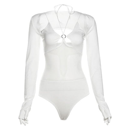 Long sleeve gloves o ring hollow out shrug 2 piece bodysuit