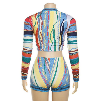 Contrast print crewneck long sleeve pant set