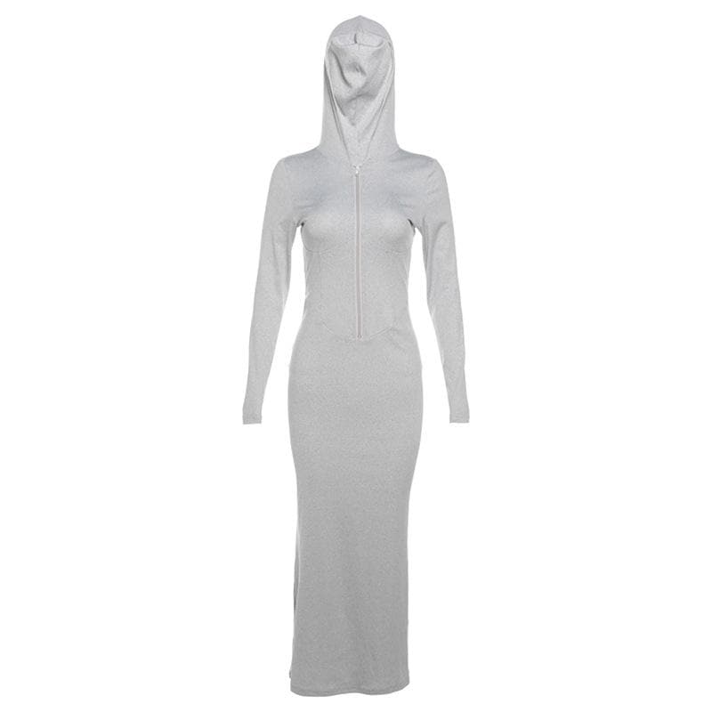 Hooded Zip Front Ribbed Panel Bodycon Maxi Dress