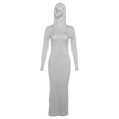 Hooded Zip Front Ribbed Panel Bodycon Maxi Dress