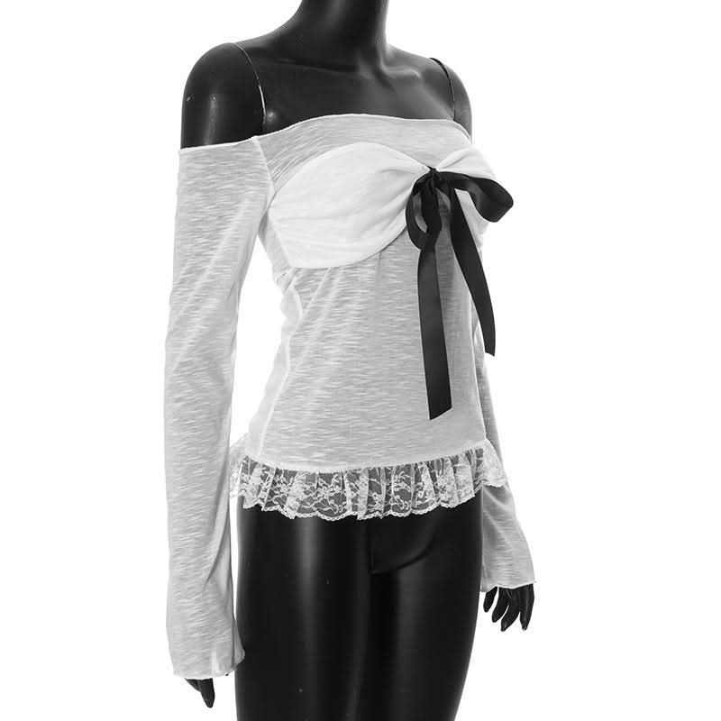 Off shoulder bowknot lace hem mesh long sleeve top