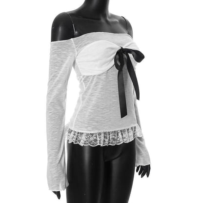 Off shoulder bowknot lace hem mesh long sleeve top