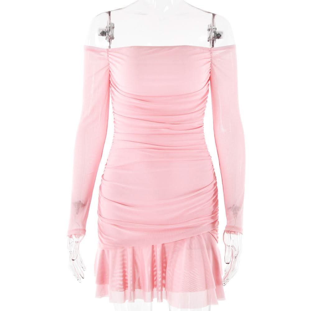 Long sleeve off shoulder ruched mesh mini dress