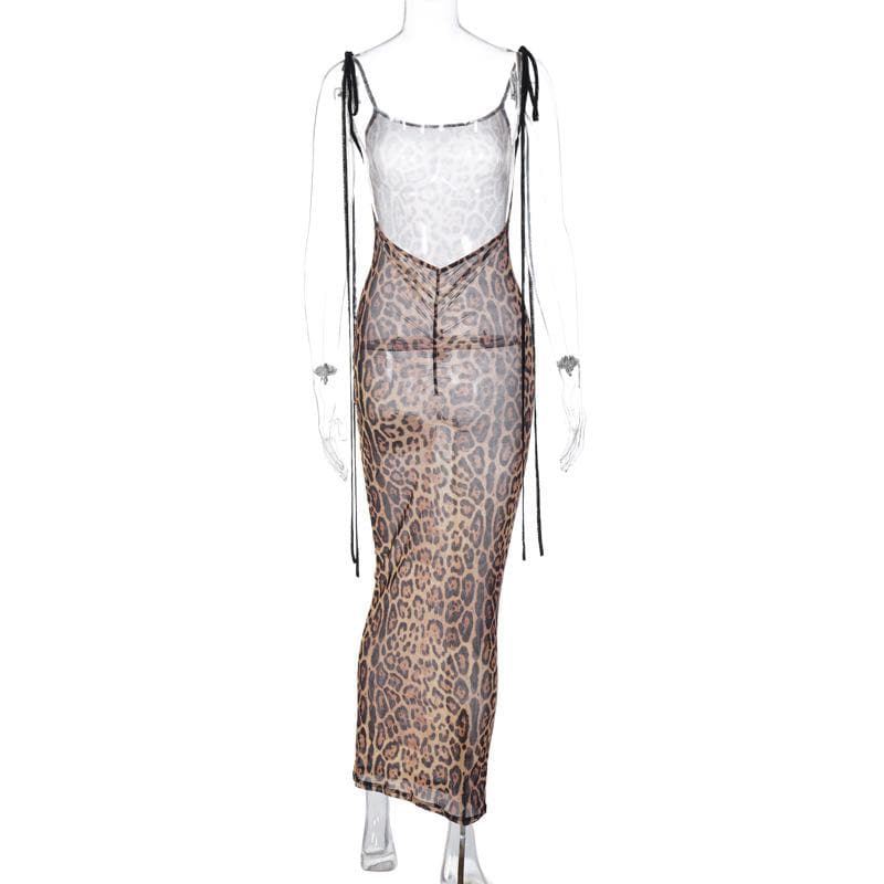Sheer Mesh Tie Shoulder Halter Backless Bodycon Maxi Dress