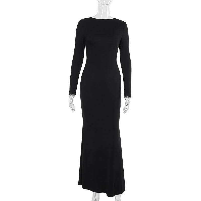 Long sleeve hollow out buckle crewneck cut out maxi dress