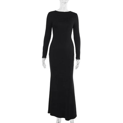 Long sleeve hollow out buckle crewneck cut out maxi dress