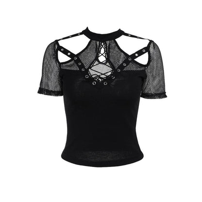 Short sleeve fishnet hollow out patchwork cut out top