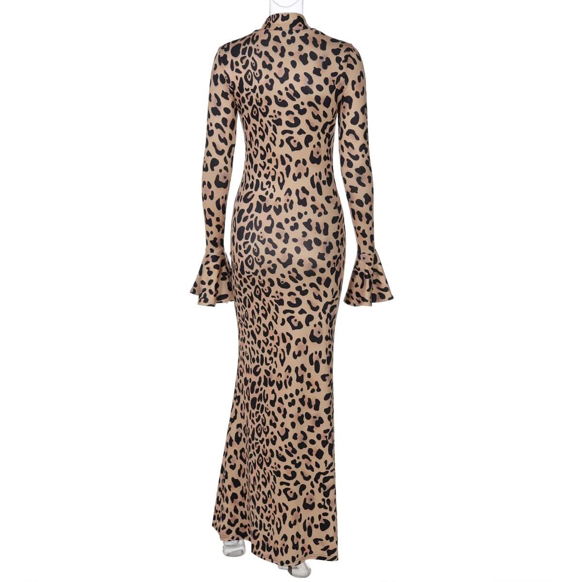 Long flared sleeve leopard print high neck maxi dress