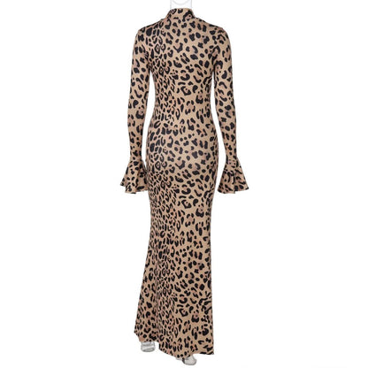 Long flared sleeve leopard print high neck maxi dress