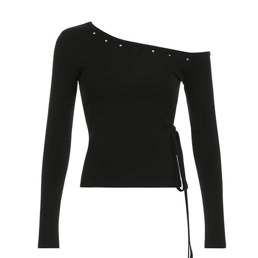 Long sleeve one shoulder slit self tie top