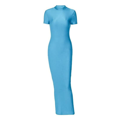 Short sleeve high neck slit solid maxi dress-final-sale
