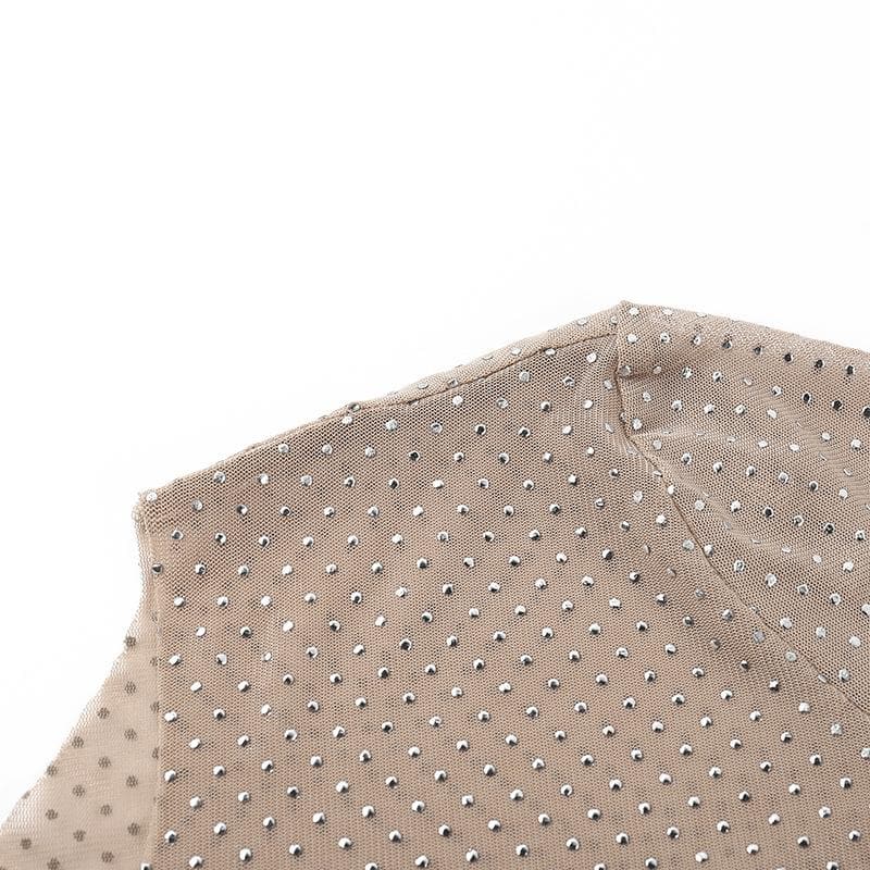 Long sleeve sheer mesh beaded crewneck top