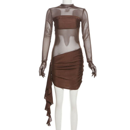Long sleeve gloves mesh ruched patchwork mini dress