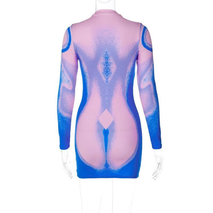 Long sleeve abstract contrast turtle neck mini dress