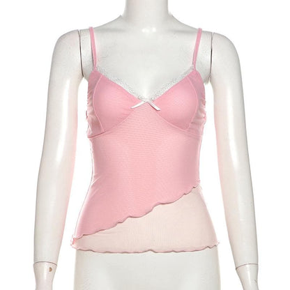 Bowknot lace v neck mesh irregular cami top