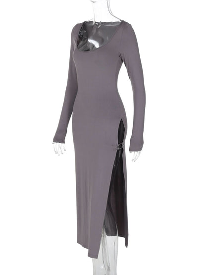 U neck long sleeve slit solid maxi dress