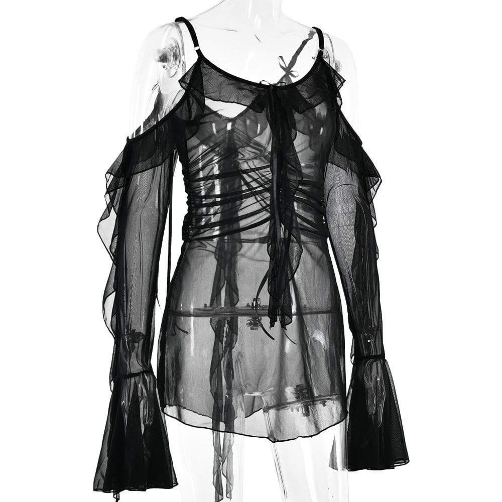 Long flared sleeve Off shoulder sheer mesh ruffle mini dress