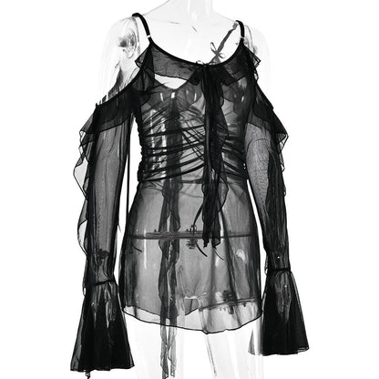 Long flared sleeve Off shoulder sheer mesh ruffle mini dress
