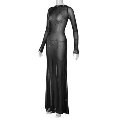 Studded Crew Neck Body Print Sheer Mesh Long Sleeve Maxi Dress