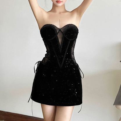 Sweetheart neck velvet lace up mesh beaded mini dress