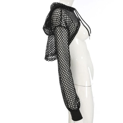 Fishnet hollow out solid long sleeve hoodie shrug cut out top-final-sale