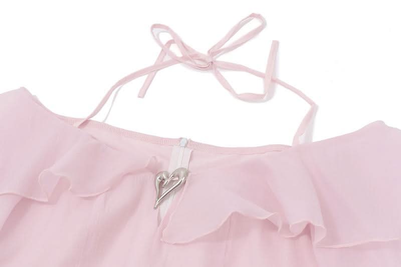 Halter off shoulder long sleeve ruffle metal applique mini dress