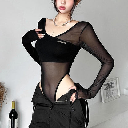Long sleeve mesh metal tag patchwork bodysuit