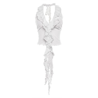 Halter v neck ruffle mesh crop top
