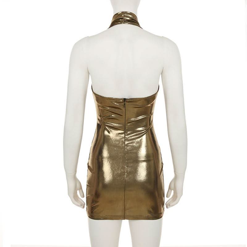 Halter cowl neck metallic backless mini dress