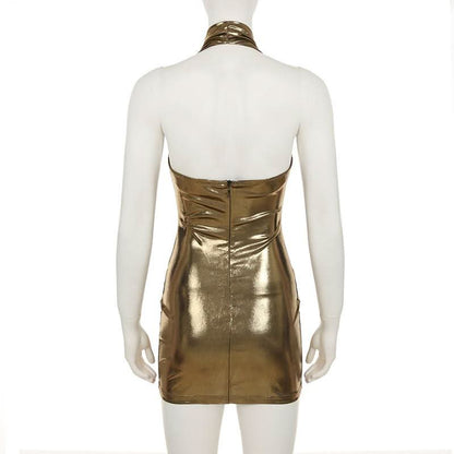 Halter cowl neck metallic backless mini dress