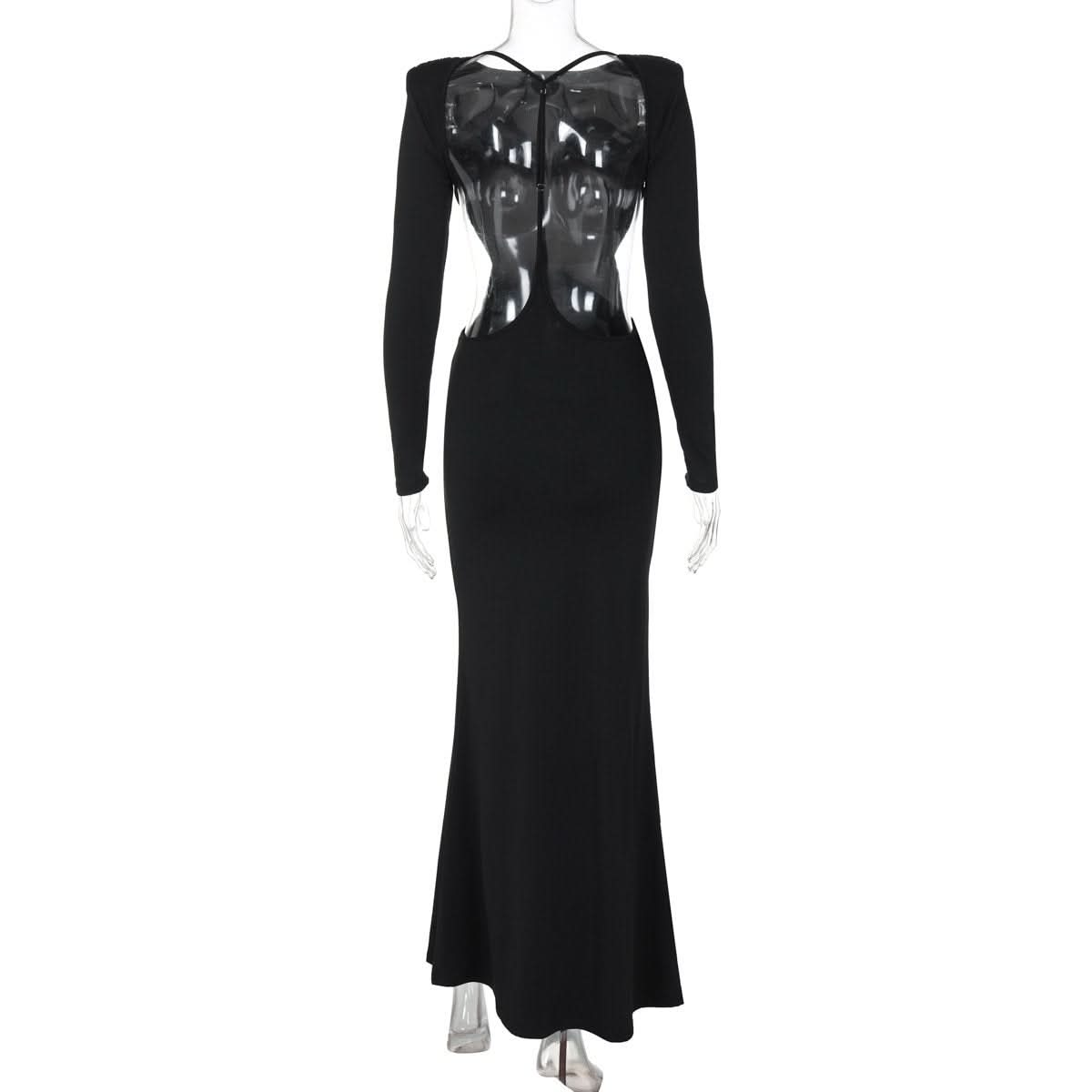Long sleeve padded backless ruched maxi dress