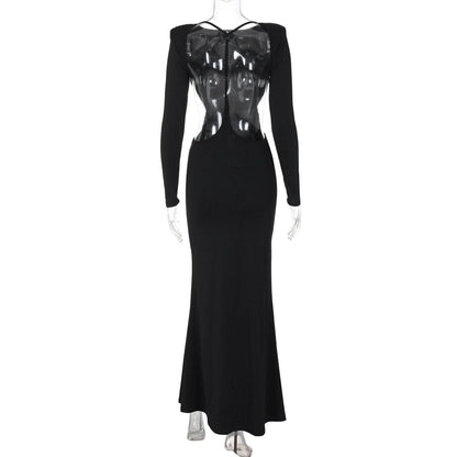 Long sleeve padded backless ruched maxi dress