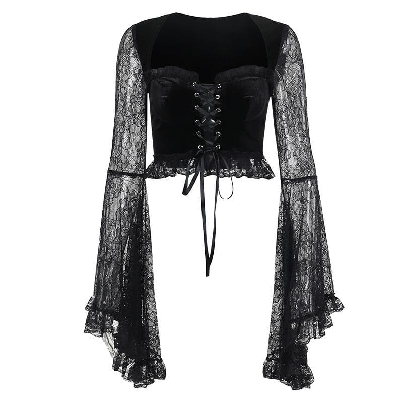 Long flared sleeve velvet lace patchwork ruffle lace up crop top
