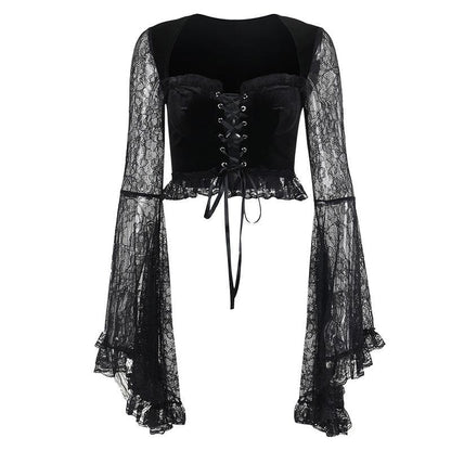 Long flared sleeve velvet lace patchwork ruffle lace up crop top
