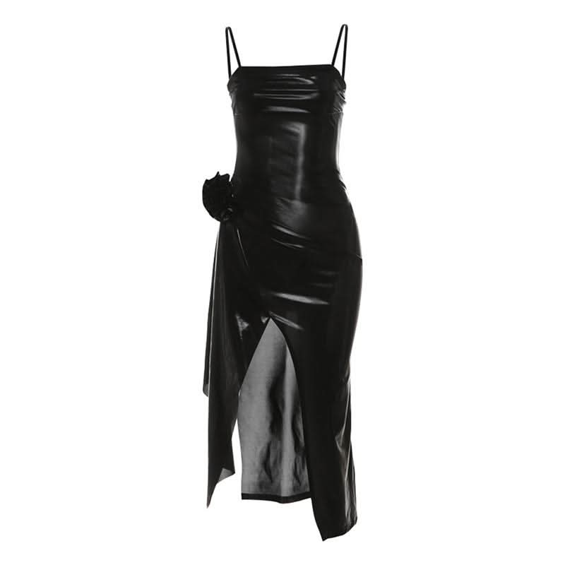 PU leather slit flower applique cami midi dress