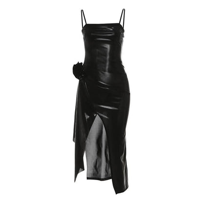 PU leather slit flower applique cami midi dress