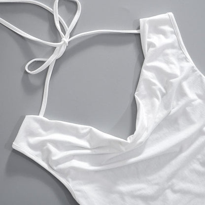 Cowl neck solid cap sleeve backless self tie ruched crop top