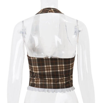Halter v neck plaid ruffle button crop top