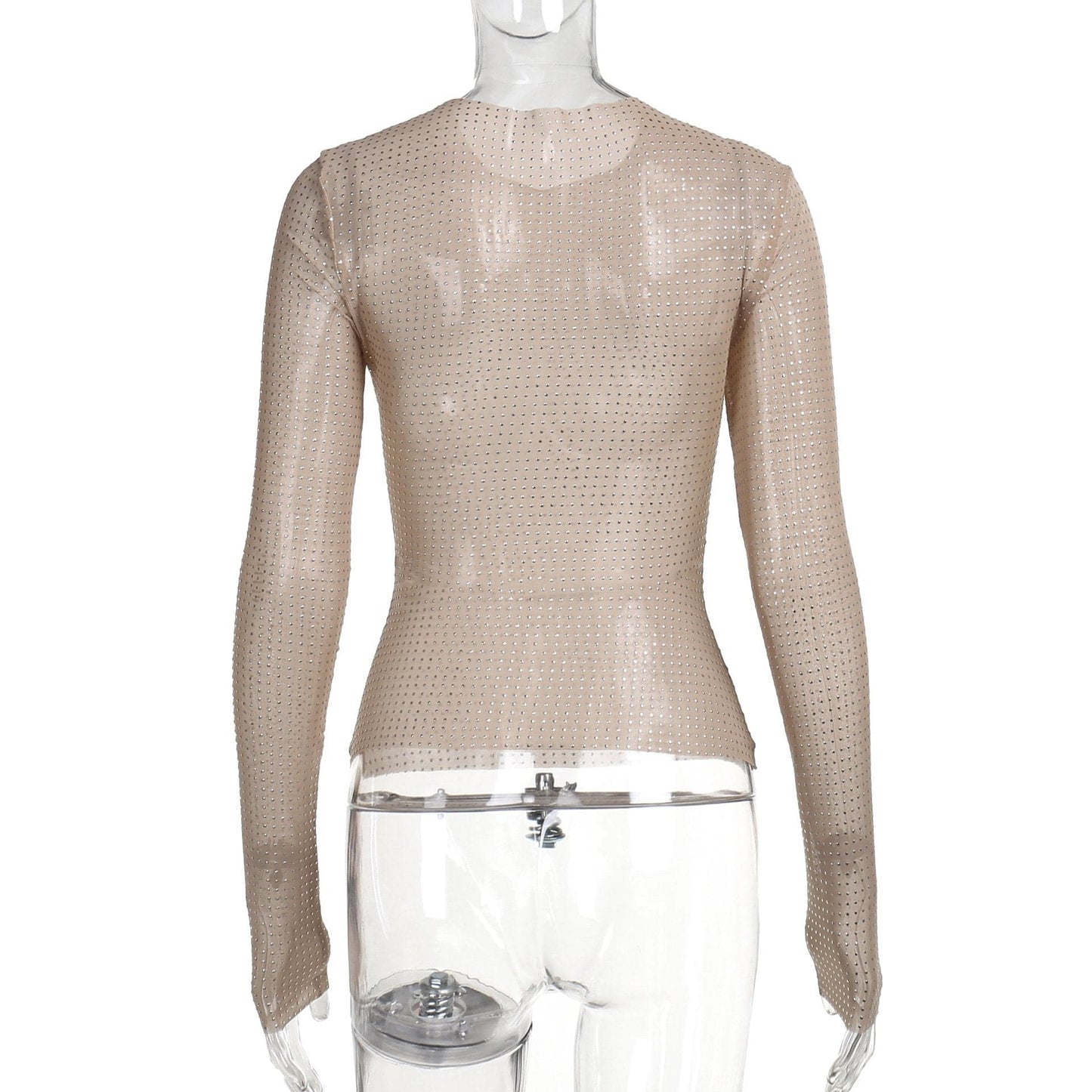 Long sleeve sheer mesh beaded crewneck top