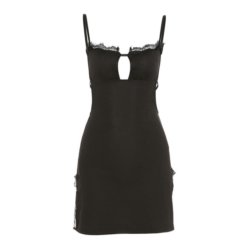 Lace hem solid hollow out backless slit cami cut out mini dress
