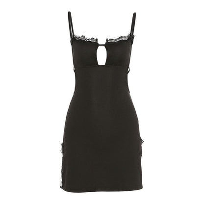 Lace hem solid hollow out backless slit cami cut out mini dress