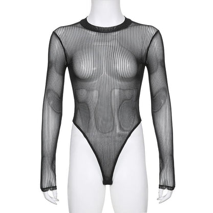 Long sleeve sheer mesh striped bodysuit