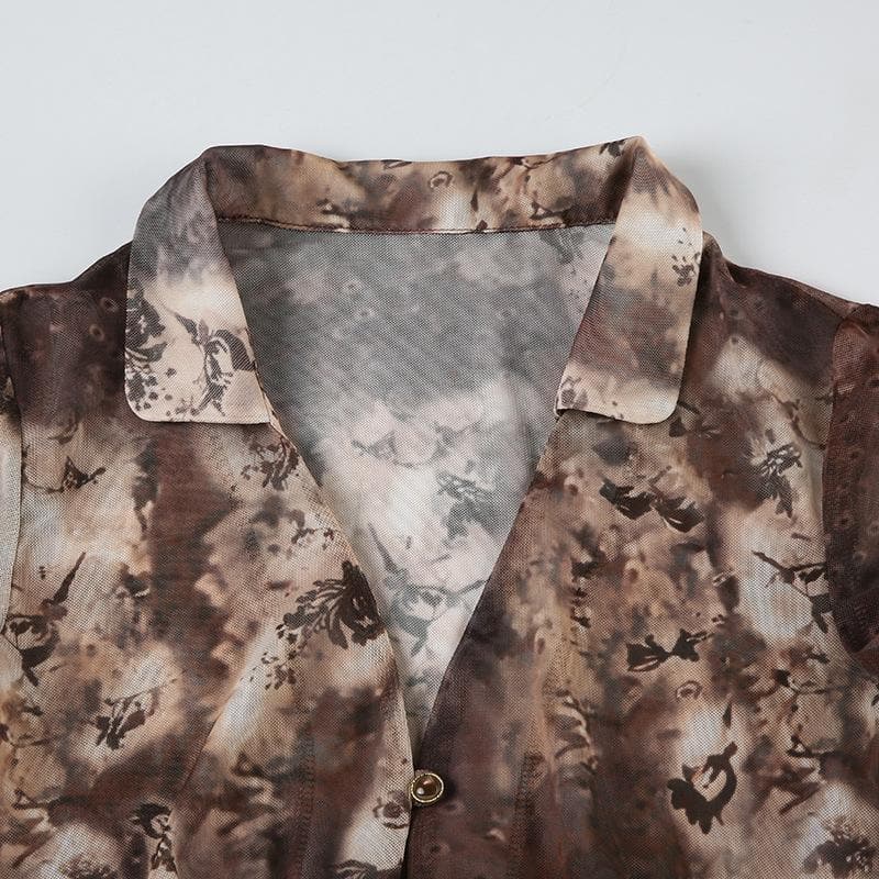 Short sleeve tie dye button sheer mesh top