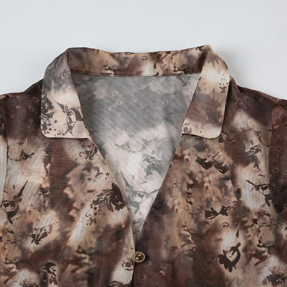Short sleeve tie dye button sheer mesh top
