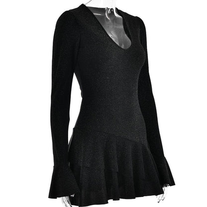 Glitter Deep V Bell Sleeve Tiered Ruffle Hem Mini Dress