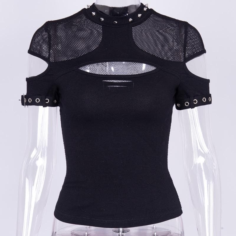 Fishnet patchwork hollow out short sleeve buckle cut out top
